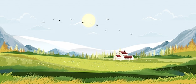 Vector spring landscape in sunny day village with meadow on hills with blue sky, panoramic countryside of green field with farmhouse, mountains and grass flowers