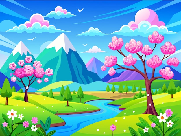 Spring landscape with blue sky and clouds vector llustration