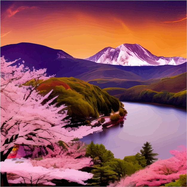 Vector spring landscape with cherry blossom sakura green meadow on hill blue sky and cloud nature or summer