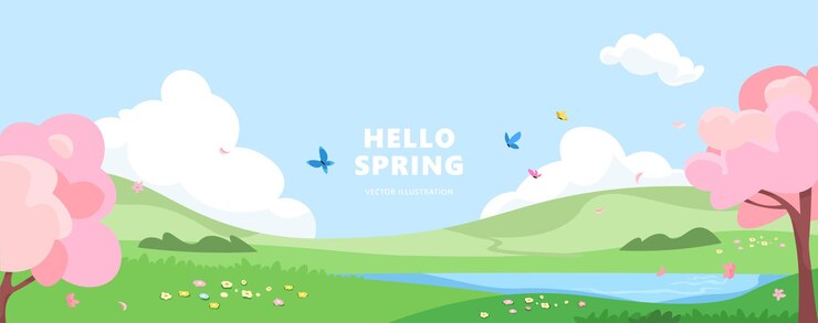 Vector 꽃과 구름을 가진 봄 풍경 터 템플릿