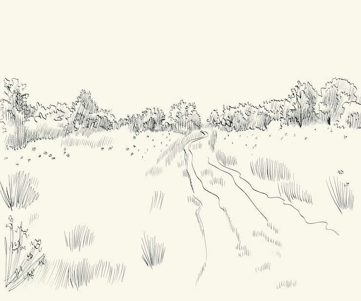 Vector spring landscape with road. hand drawn vector illustration