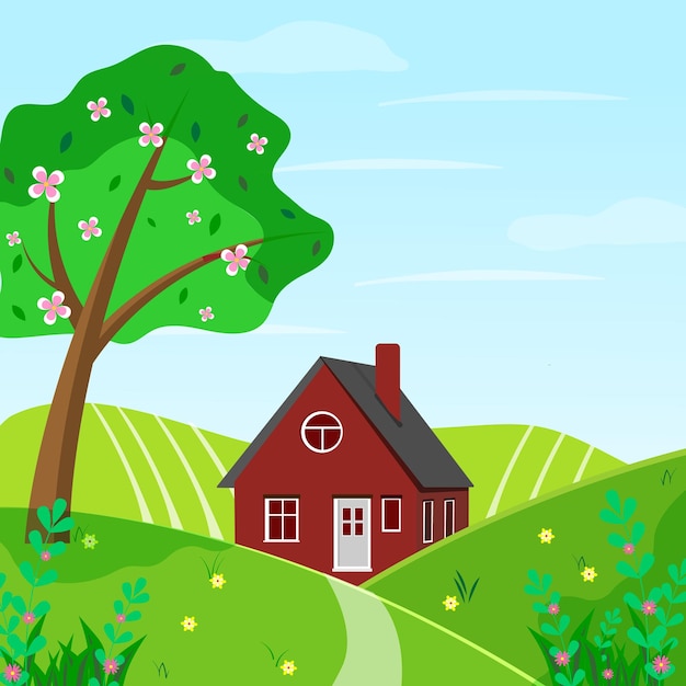 Spring landscape with tree flowers house Seasonal countryside landscape Vector illustration