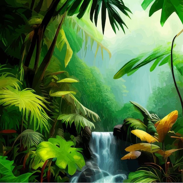 Вектор Весенний пейзаж с водопадом в тропическом лесу, векторная иллюстрация рек, деревьев с зеленым