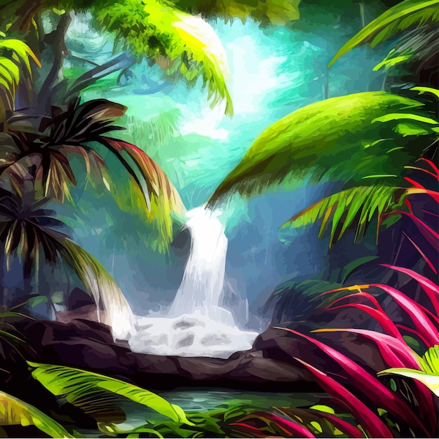 Vettore paesaggio primaverile con cascata nella foresta tropicale illustrazione vettoriale fiumi alberi con verde