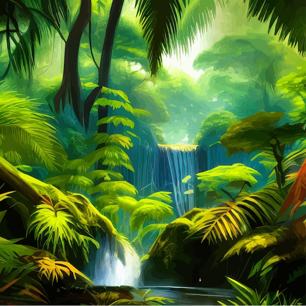 Vettore paesaggio primaverile con cascata nella foresta tropicale illustrazione vettoriale fiumi alberi con verde