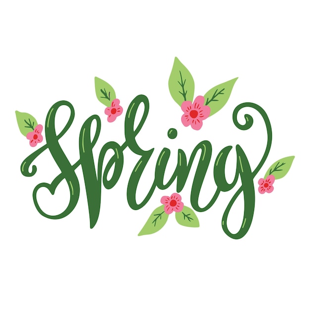 Vector spring lettering design logo. decorative typography element with floral decorative leaves and flowers. season colors label. young culture fashion art for t-shirt emblem