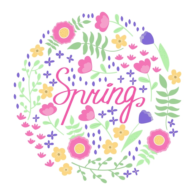 Spring lettering design with hand drawn doodle flowers and leaves.