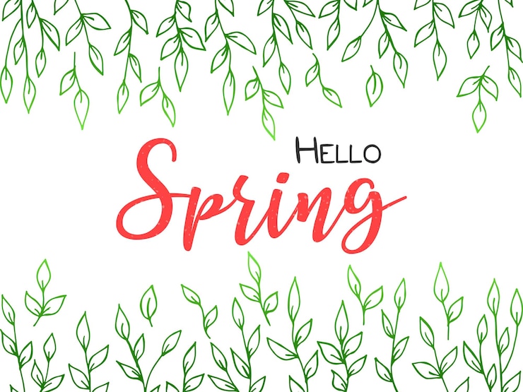 Vector spring lettering vector illustration with texture on a white background a frame of green branches and leaves