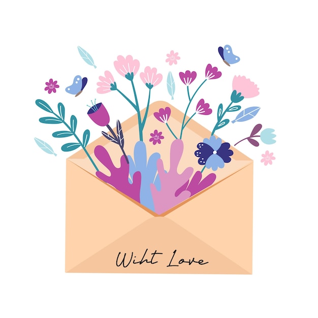 Vector spring lilac and purple flowers in envelope romantic message with love spring greeting card