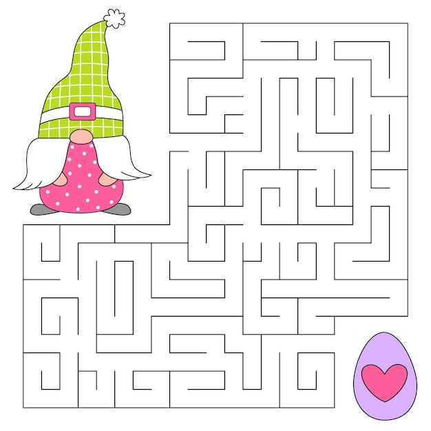 Spring maze game for kids Cute gnome looking for a way to the egg Happy easter Doodle cartoon style Printable worksheet