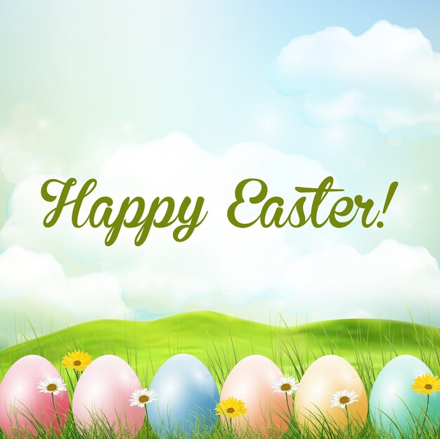 Spring meadow background with easter colorful eggs