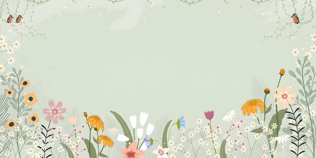 鳥 と 野 の 花 が く 春 の 草原