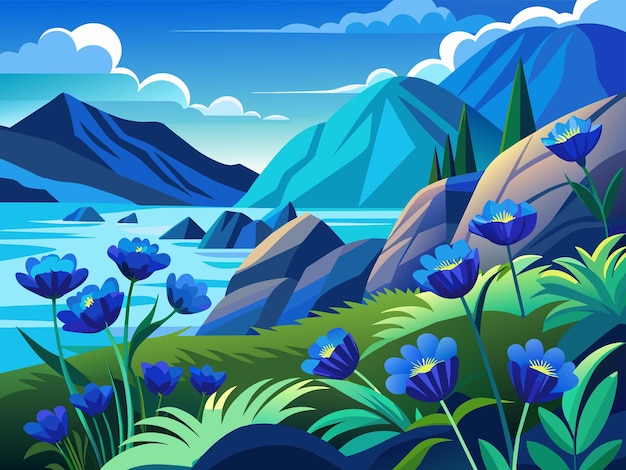 Vector spring meadow with blue flowers in the field vector illustration