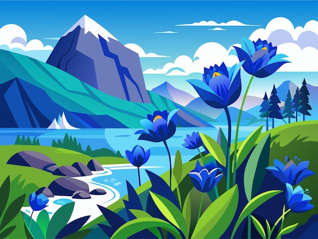 Вектор Весенний луг с голубыми цветами в поле векторная иллюстрация