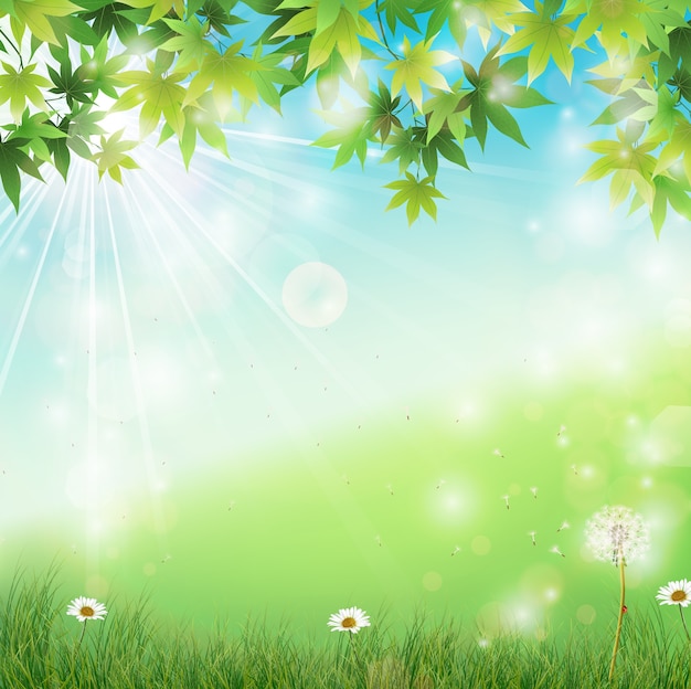 Vector spring meadow with green leaves background