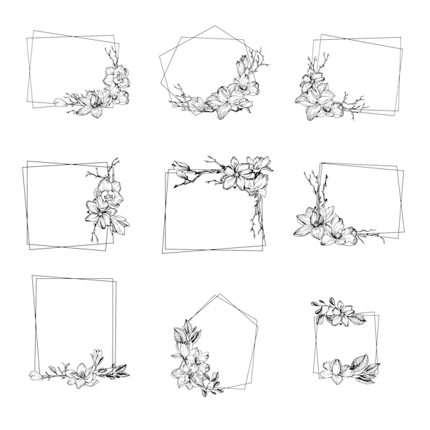Вектор Весенняя современная рамка с цветами магнолии, листьями и ветвями в стиле гравюры