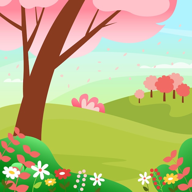 Spring morning landscape in bloom Vector illustration in flat style