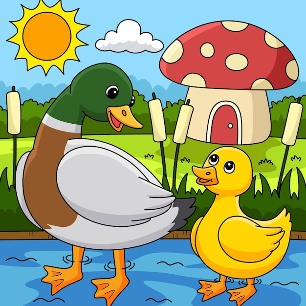 Spring mother duck and duckling colored cartoon