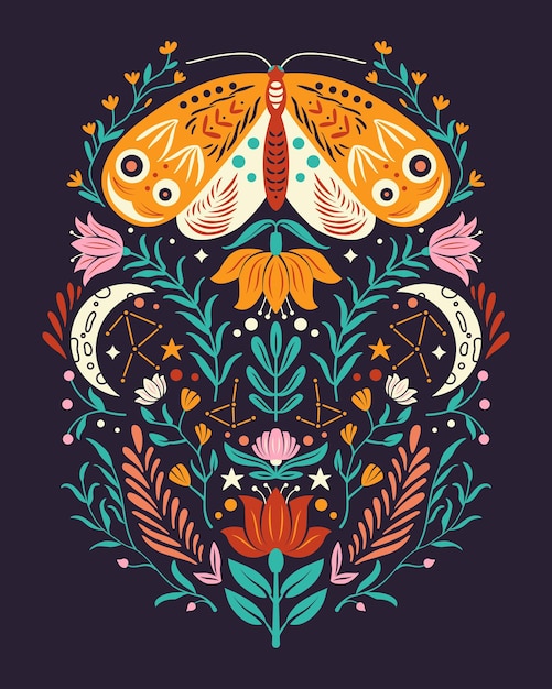 Spring motifs in folk art style. Colorful flat with moth, flowers, floral elements and moon.