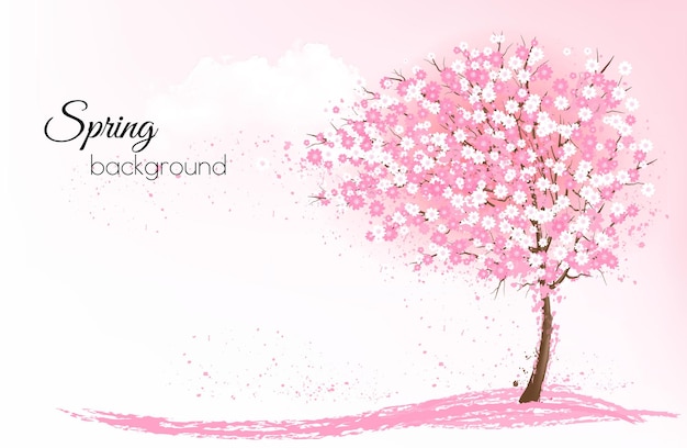 向量春天,樱花盛开的自然背景和一个粉红色的树。