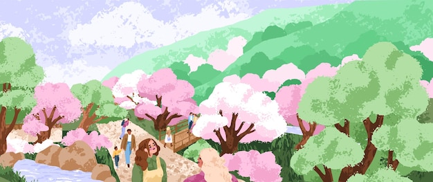 봄의 자연 공원, 체리 꽃, 사쿠라 나무, 풍경, 파노라마, 푸른 식물과 꽃이 피는 일본 공원, 하나미 계절을 즐기고 야외에서 산책하는 사람들, 평평한 터 일러스트레이션