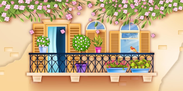 Spring old town balcony window facade illustration