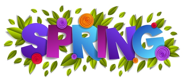 Vettore parola di papercut di primavera con fiori e foglie di vettore in stile moderno cartone animato taglio di carta illustrazione 3d.