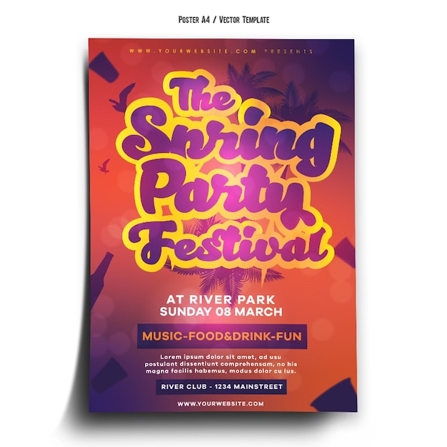 Spring Party Festival Poster Template with style text and palms on background