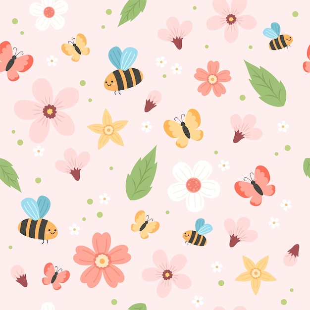 Spring pattern with flowers bees and butterflies Cute vector elements in flat cartoon style