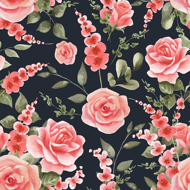 Colorful rose flowers seamless pattern. Floral botanical texture, designer  paper with hand drawn pink flower, green leaves and foliage on warm pastel  pink background. Vintage style wallpaper Stock Illustration