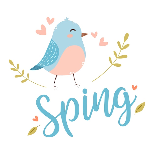 벡터 색 배경에 평평한 스타일의 귀여운 새와 꽃의 봄 문구 봄 일러스트레이션