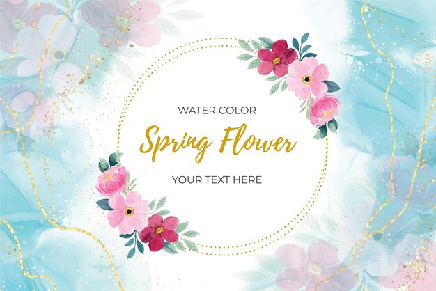 Spring pink flower frame background with watercolor template