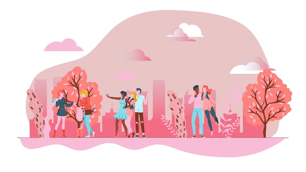 Spring pink park with funny peoples, outdoor urban landscape,     illustration,  on white. buildings in background, men and women walking in park among trees along path