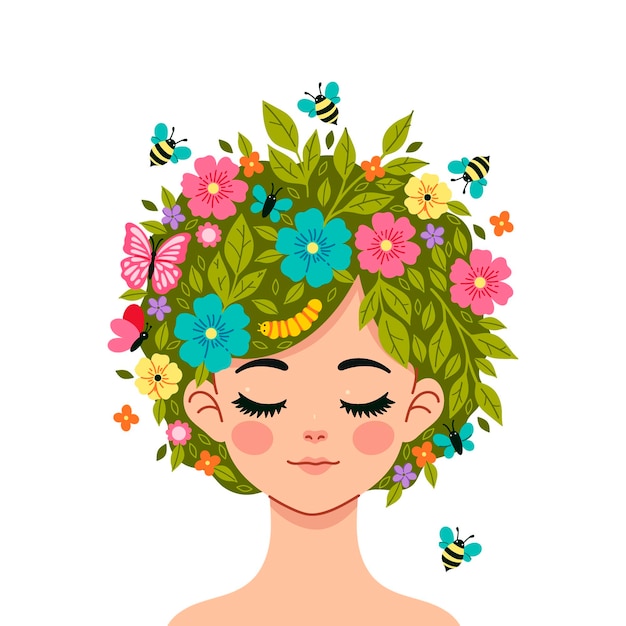 Vector spring portrait of a girl with a hairstyle with butterflies bees and flowers