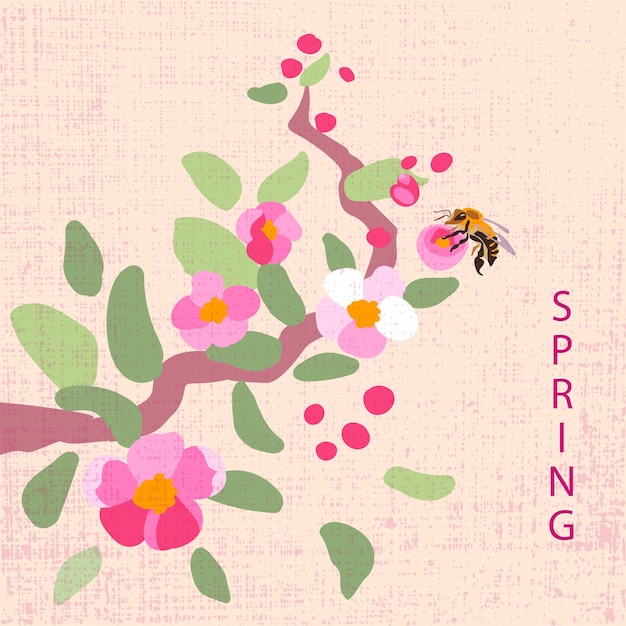 Vector spring poster square frame traditional flowers apple tree branch pink template banner holiday