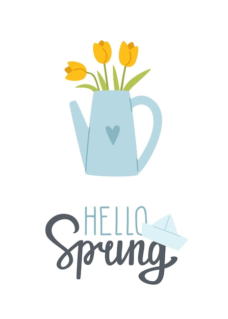 Spring poster with calligraphic lettering and tulip flower in watering can springtime print