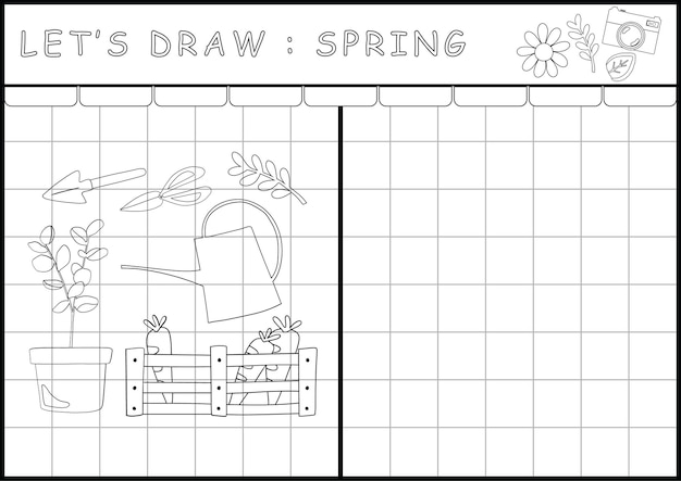 Vector spring printable worksheet coloring page in black and white outline illustration color and drawing