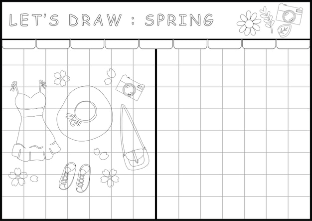 Vector spring printable worksheet coloring page in black and white outline illustration color and drawing