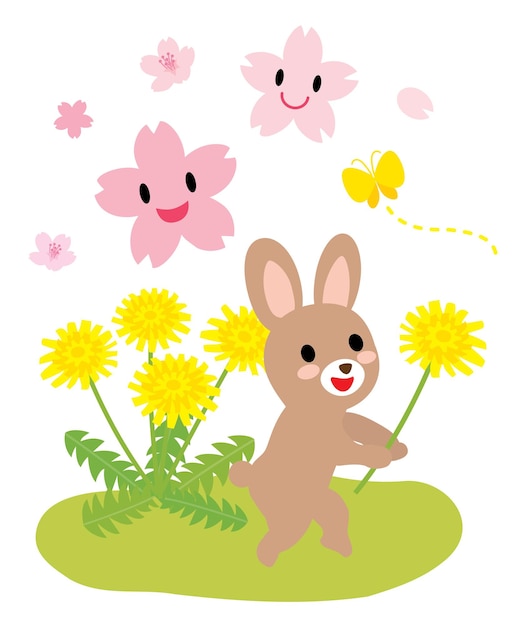 Vector spring rabbit, cherry and dandelion