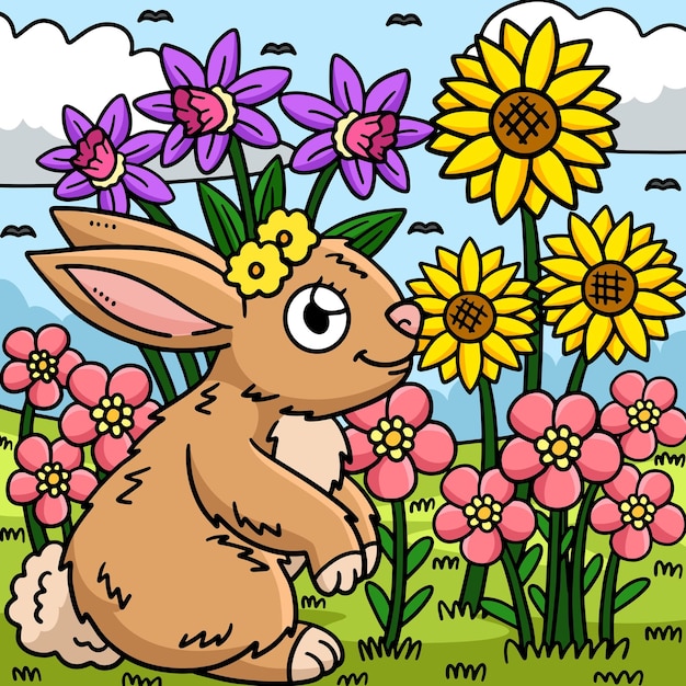 Spring Rabbit and Flowers Colored Illustration