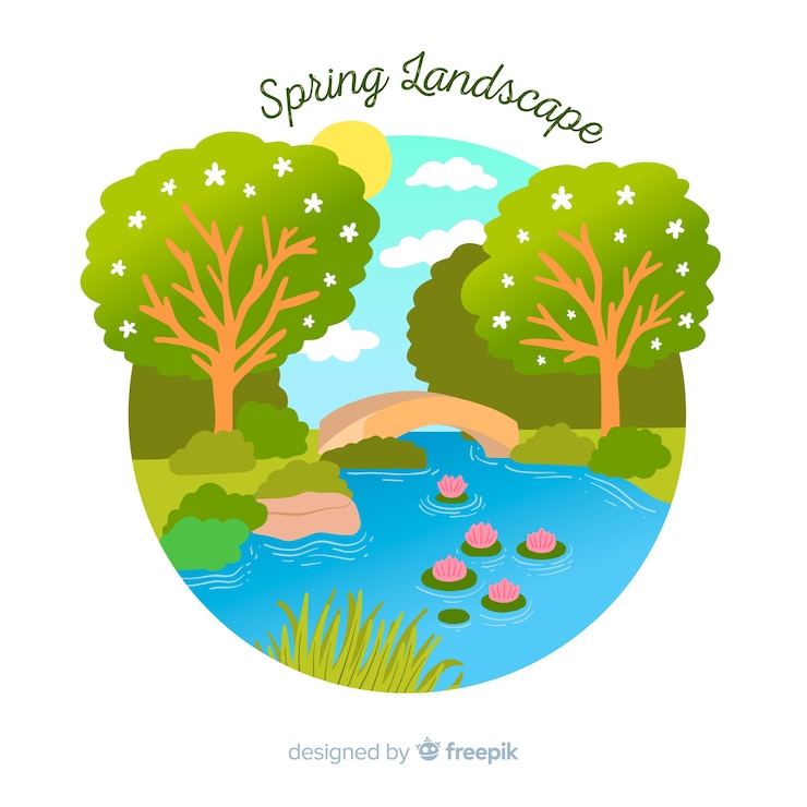 Vector spring river landscape background
