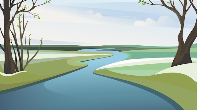 Vector spring river landscape. beautiful natural scenery.