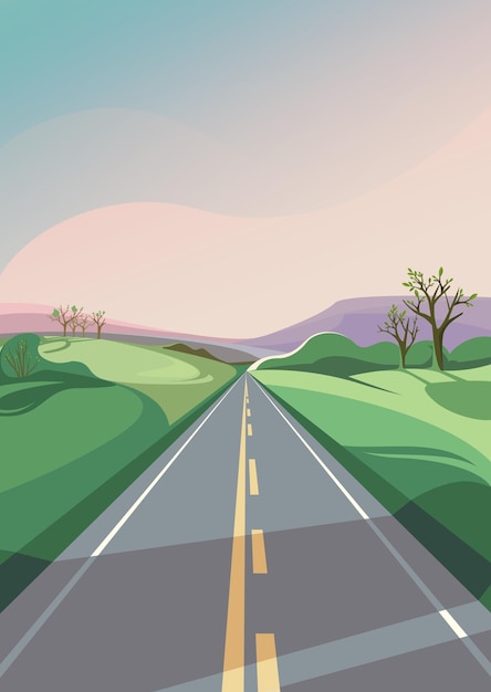 Vector spring road stretching into the horizon. outdoor scene in vertical orientation.