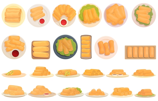 Spring roll icons set cartoon vector Asia food