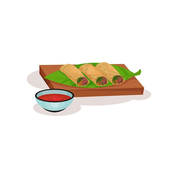 Spring rolls with meat and vegetables on green leaf and wooden board bowl of sauce Delicious food Tasty Asian snack Graphic element for restaurant or cafe menu Isolated flat vector illustration