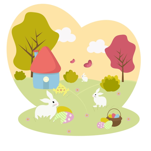 Vector spring rural landscape with rabbits on meadows, fields. happy easter. rural community.