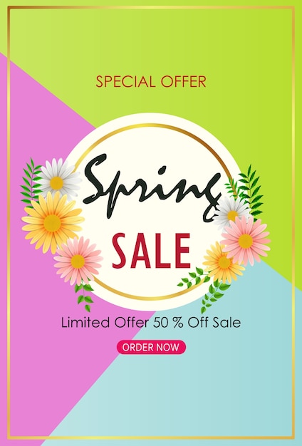 Vector spring sale background banner with beautiful colorful flower