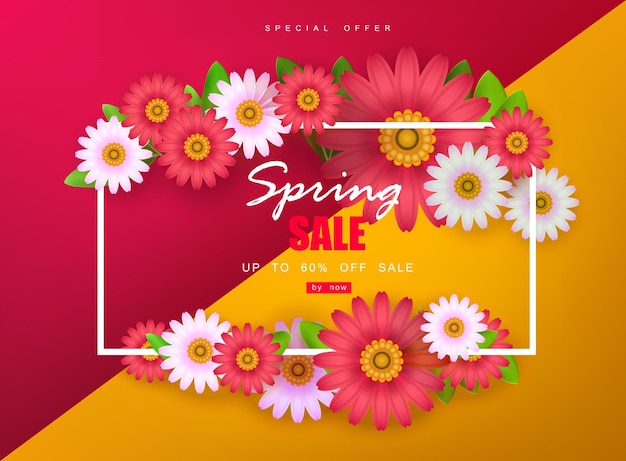 Spring sale background with beautiful colorful flower vector illustration template banner