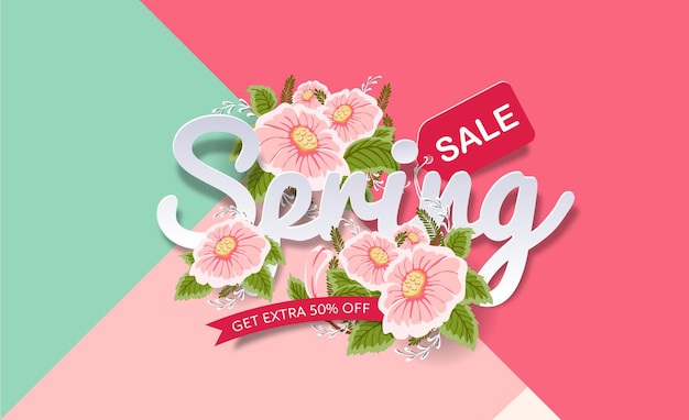 Spring sale banner background with flower.