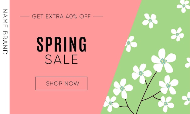 Vector spring sale banner design with blossom flowers on pink green background